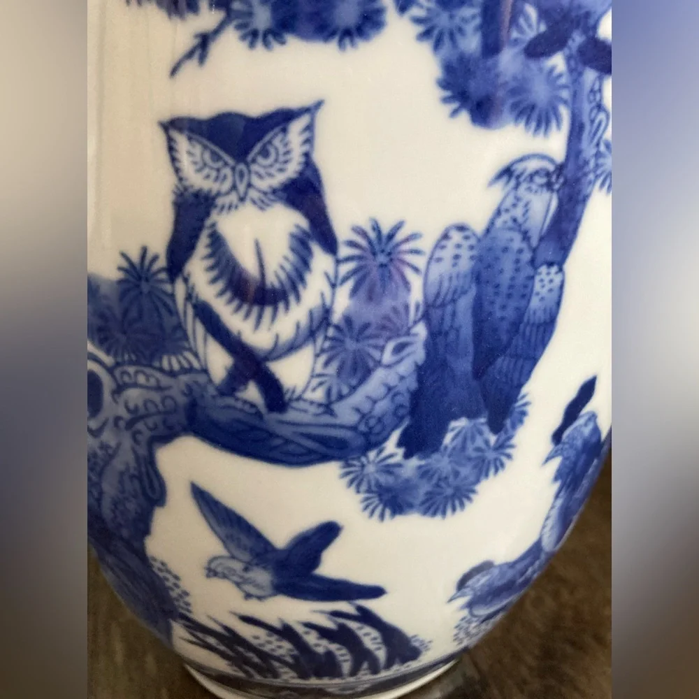Formalities by Baum Bros Blue White Chinese Vase with Birds Trees Roosters Owl